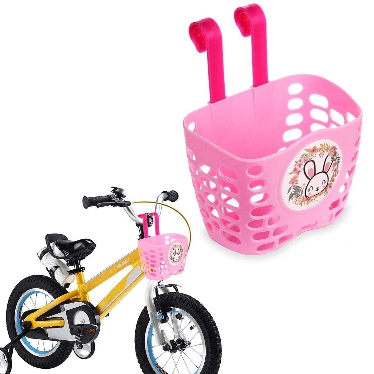 Bike Basket for Kid Girls， MINI-FACTORY Cute Cartoon Pink Rabbit Pattern Bicycle Handlebar Basket for Girls