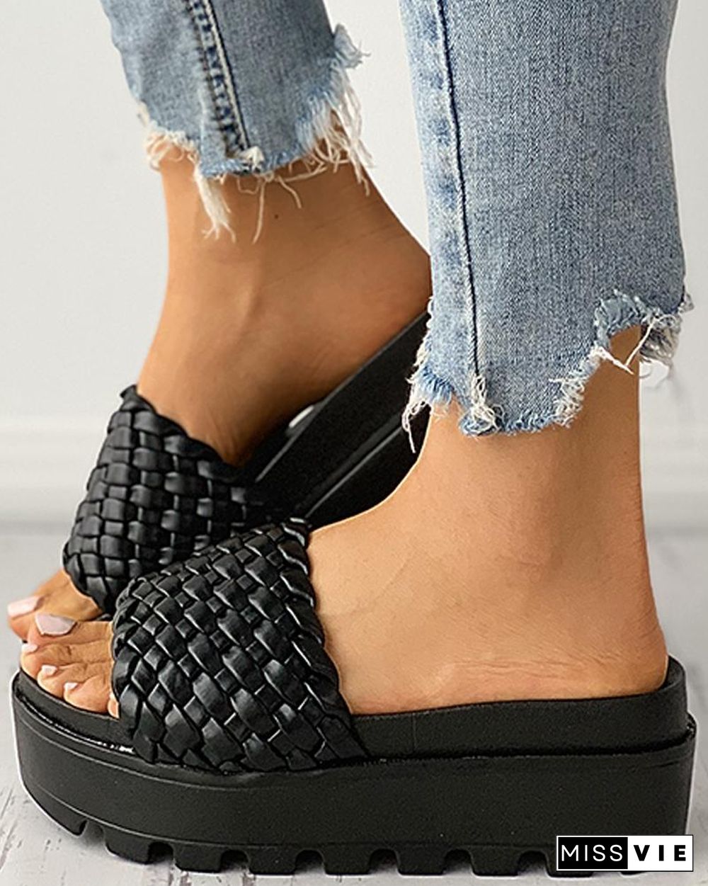 Braided Open Toe Platform Slippers