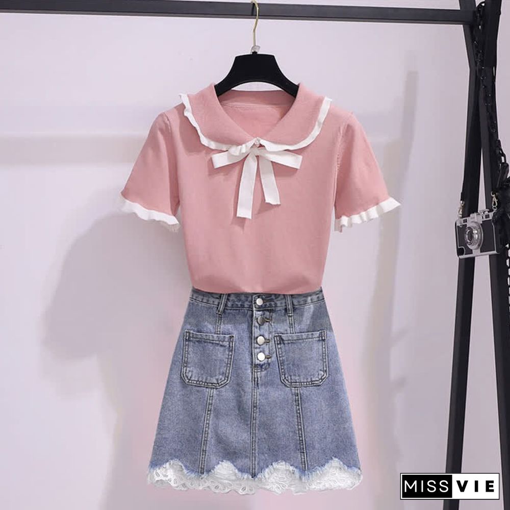 Doll Collar Bowknot Knitted T-Shirt High Waist Denim Skirt