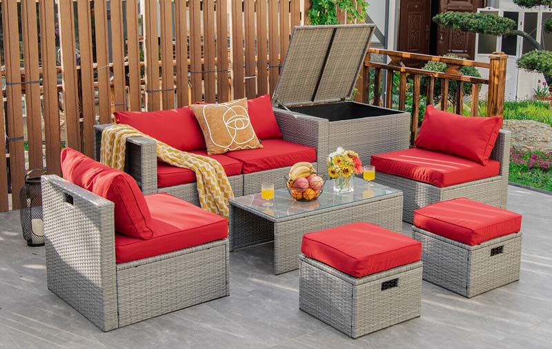 8 Pcs Rattan Patio Sectional Furniture Set Wicker Outdoor Cushioned Sofa Set with Storage Box & Waterproof Cover