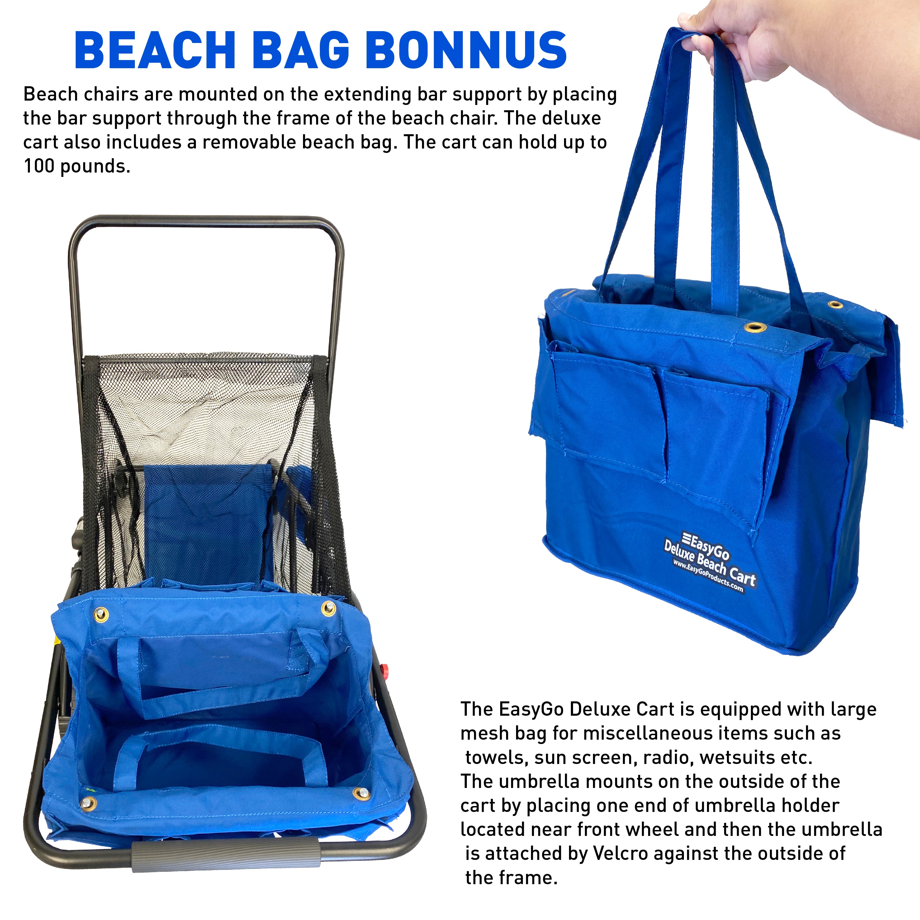 Beach Umbrella Wagon Cart Deluxe – Heavy Duty Folding Ocean Utility Cart – Large Sand Wheels – Holds 4 Beach Chairs – Storage Pouch - Beach Umbrella Holder –Removable Beach Bag - Solid Blue