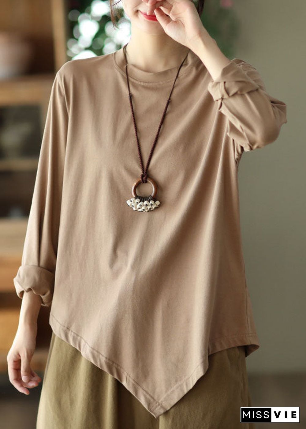 Khaki Oversized Cotton Shirt Top Asymmetrical Design Spring