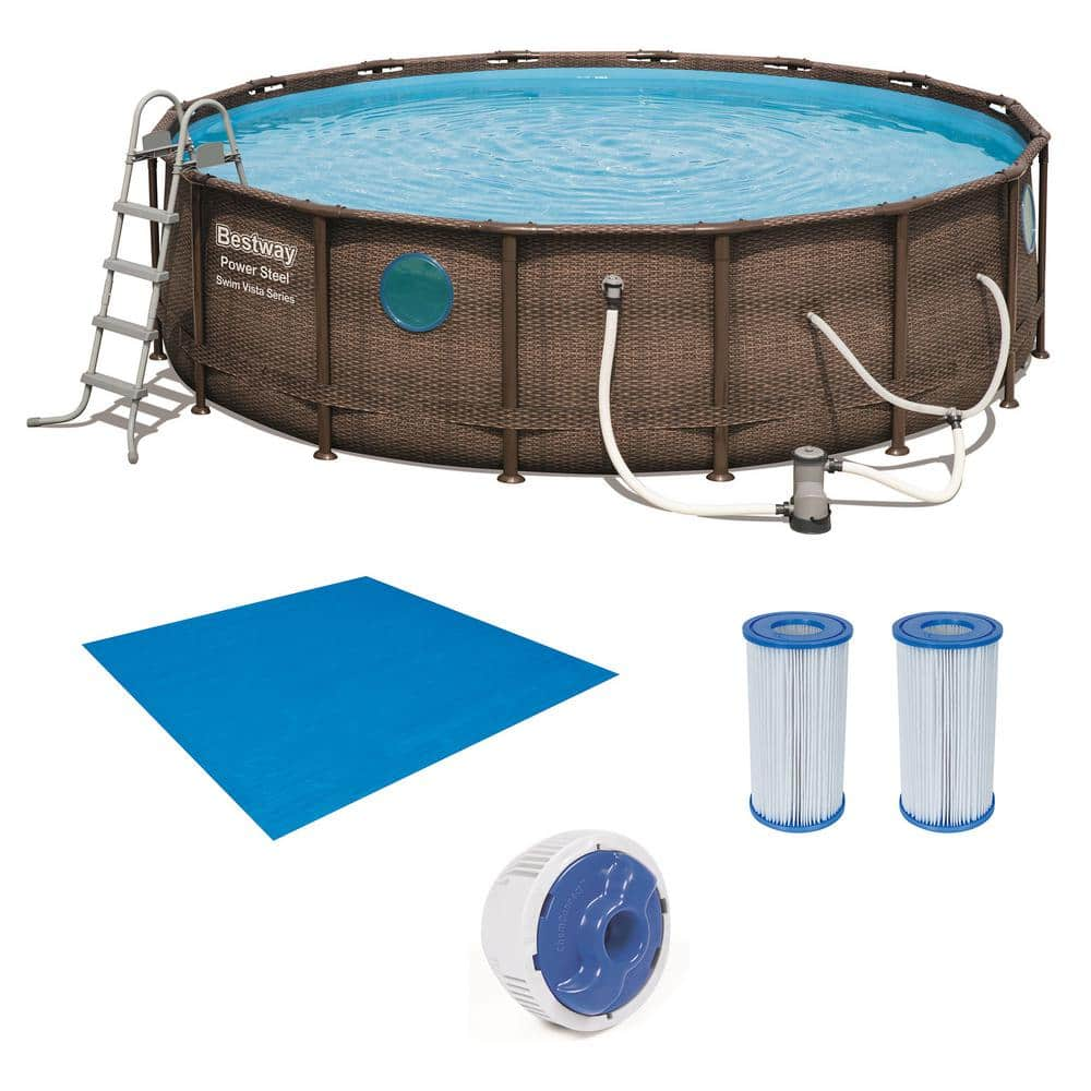 Bestway 16 ft. Round 48 in. D Power Steel Hard Side Swim Vista Swimming Pool Set with Accessories 56726E-BW + 2 x 58012E-BW