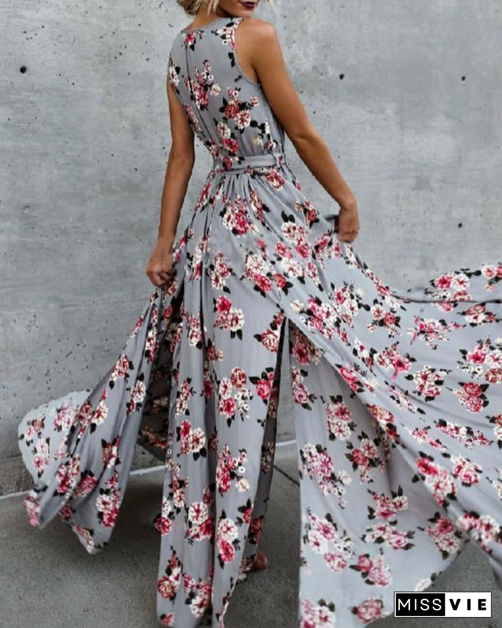 Bohemia Floral Sleeveless V Neck Split-side Maxi Dress