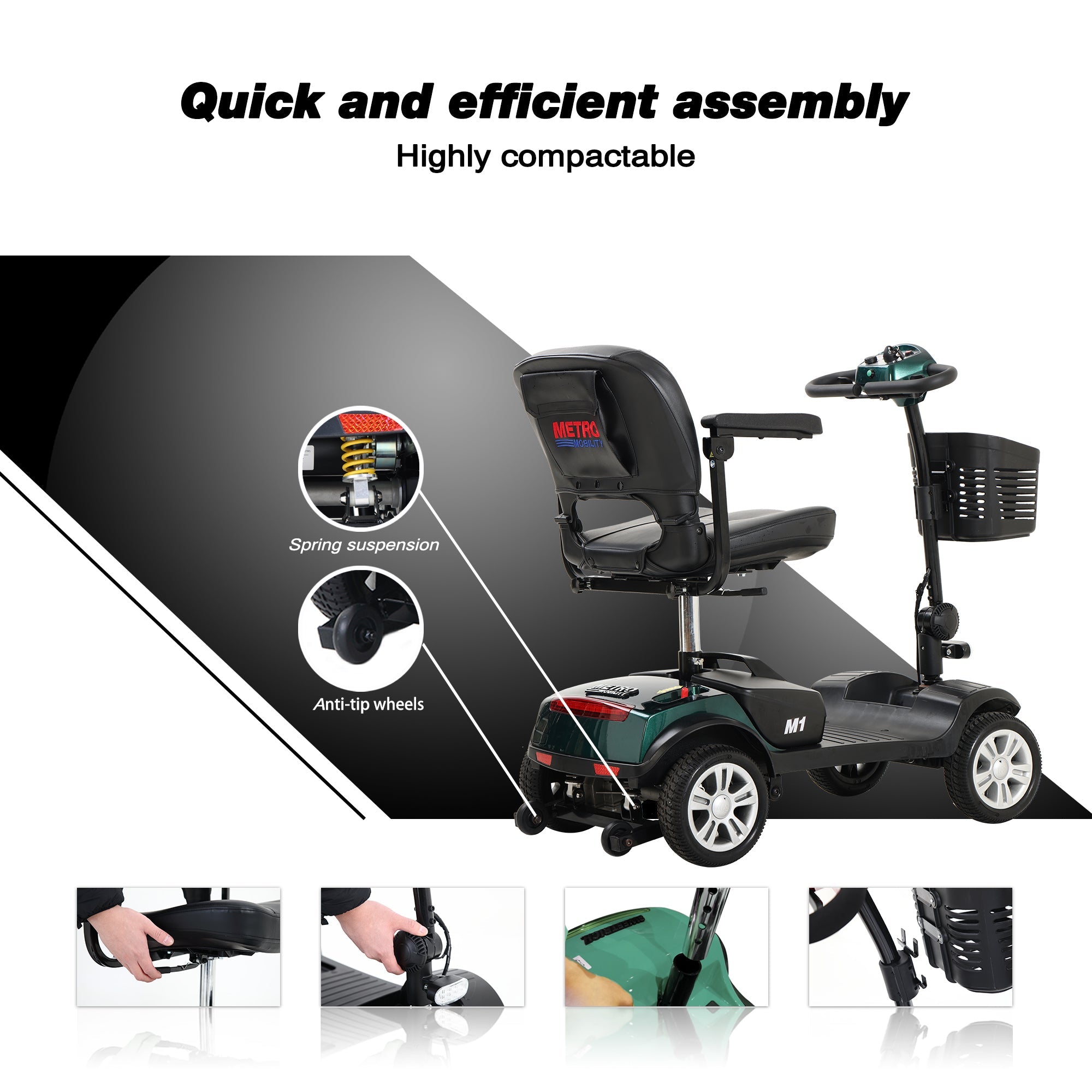 Folding 4 Wheels Compact Travel Mobility Scooter with Led Light 300W, Electric Powered Wheelchair Device Motor for Adult Elderly -300lbs, Power Extended Battery with Charger and Basket, Emerald