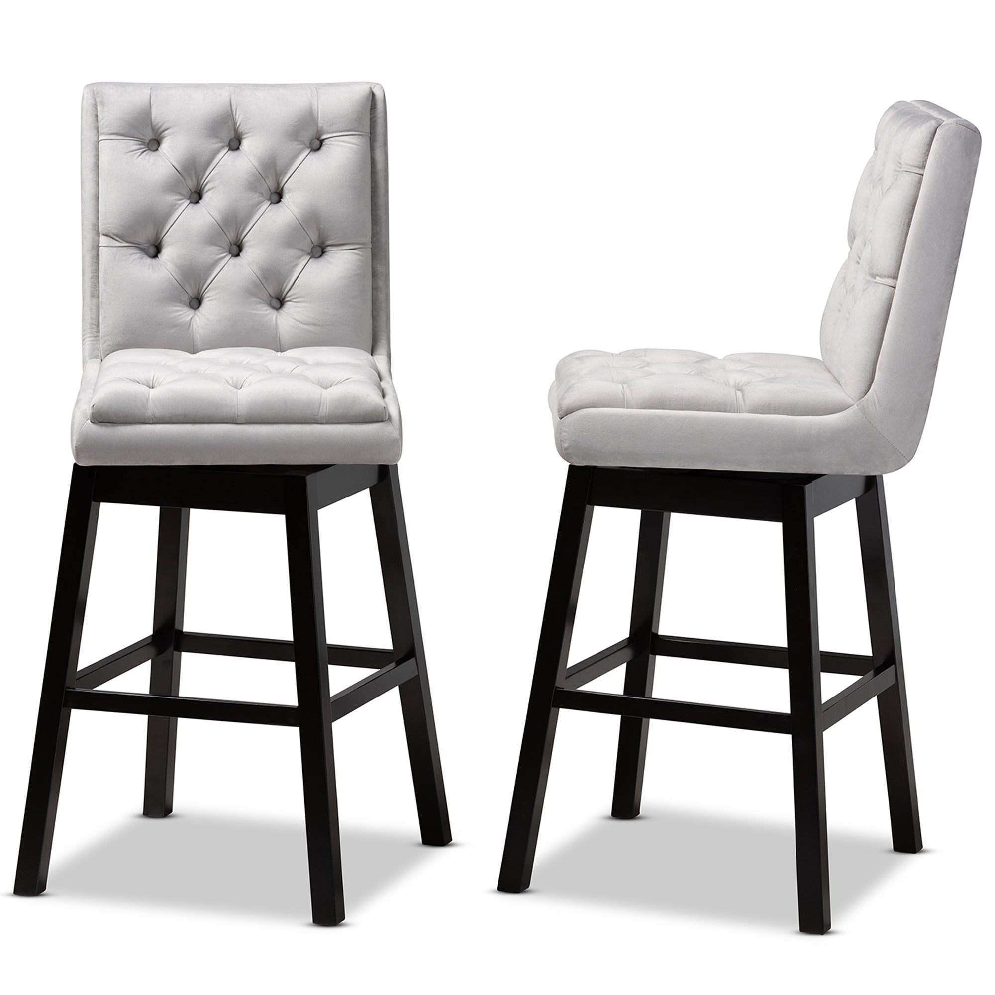 Baxton Studio Gregory Modern Transitional Light Grey Velvet Fabric Upholstered and Dark Brown Finished Wood 2-Piece Swivel Bar Stool Set Set