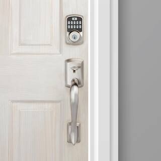 Kwikset Aura Satin Nickel Single Cyl. Elec. BT Keypad Smart Lock Deadbolt Feat SmartKey SecurityAvalon Handle and Tustin Lever 94215 AVH15