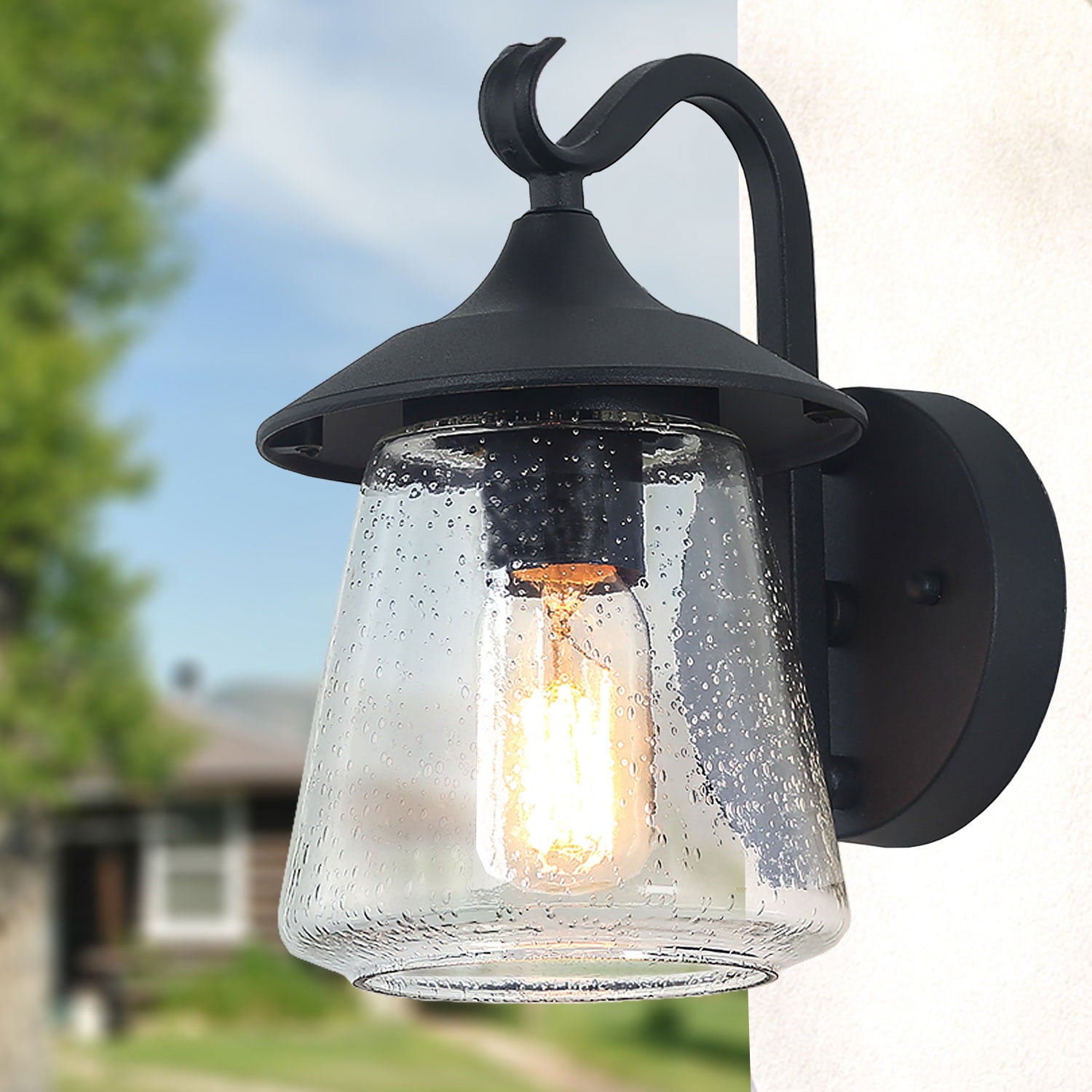 LNC Farmhouse Outdoor Wall Light with Clear Seeded Glass,Black Wall Sconce