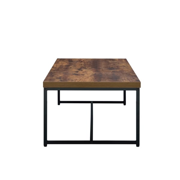 Metal Framed Coffee Table with Wooden Top， Weathered Oak Brown and Black