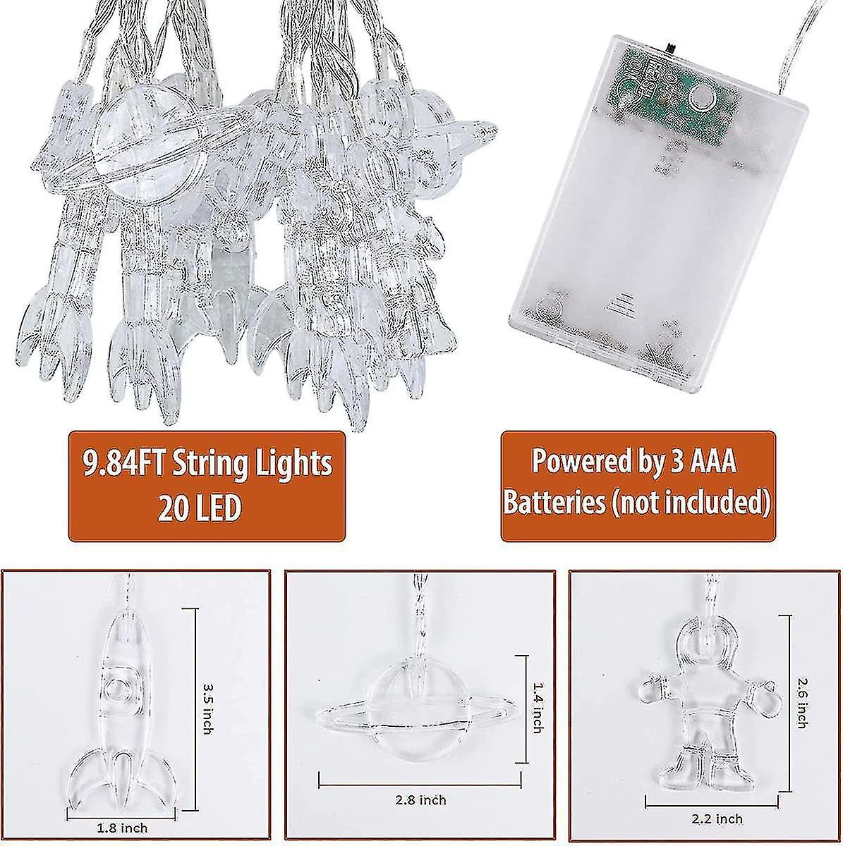 20 Led Children's Room Decorative String Lights， Astronaut Spaceship Rocket Outerspace Galaxy Themed