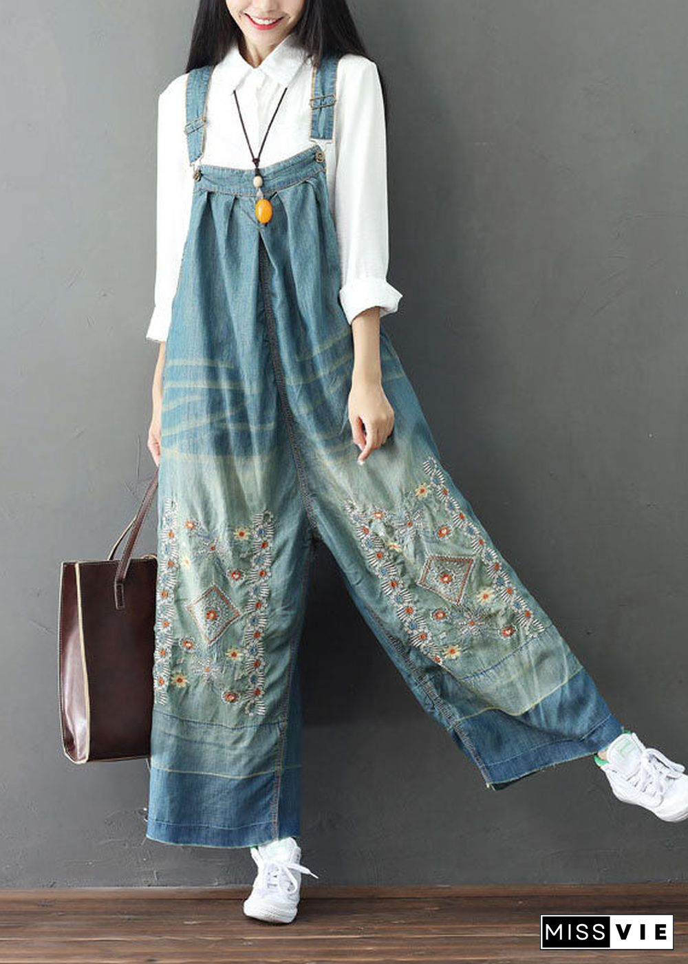 Simple Light Blue Patchwork Embroideried Denim Wide Leg Jumpsuit Spring