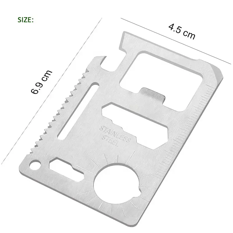 Outdoor camping hiking survival credit card multitool 11 in 1 wallet size stainless steel multitool card with leather bag