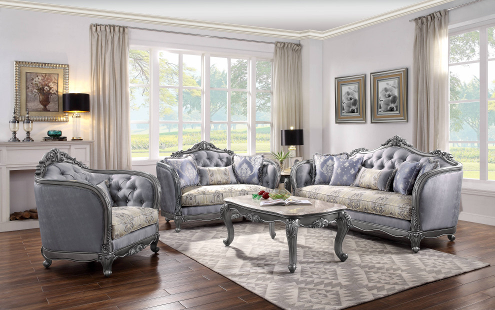 Ariadne Loveseat With3 Pillows  Fabric and Platinum   Victorian   Loveseats   by Acme Furniture  Houzz