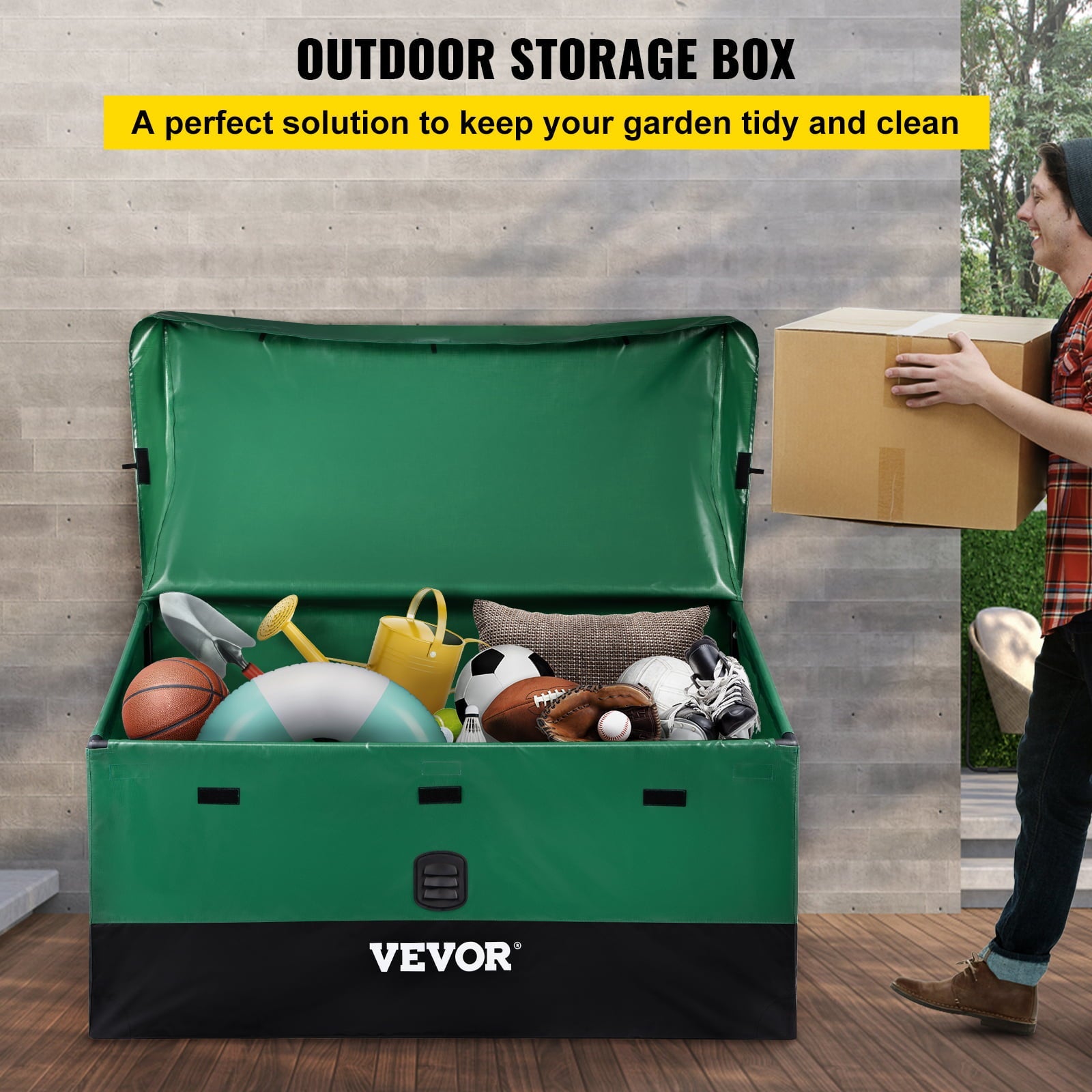 VEOVRbrand Outdoor Storage Box, 100 Gallon Waterproof PE Tarp Deck Box w/ Galvanized Frame, All-Weather Protection & Portable, for Camping, Garden, Poolside, and Yard,Black &Green