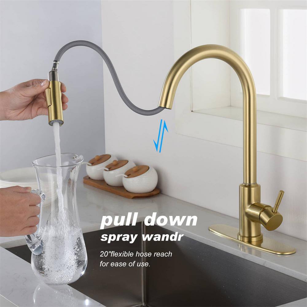 FLG Single Handle Touch On Pull Down Sprayer Kitchen Faucet with Pull Out Spray Wand Stainless Steel Taps in Brushed Gold DD-0027-BG