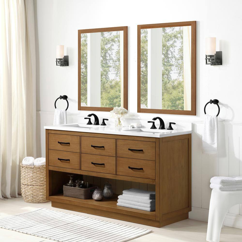 OVE Decors Carran 60 in. W Bath Vanity in Wax Pine with Engineered Stone Vanity Top in White with White Basins 15VVAR-CARR60-1