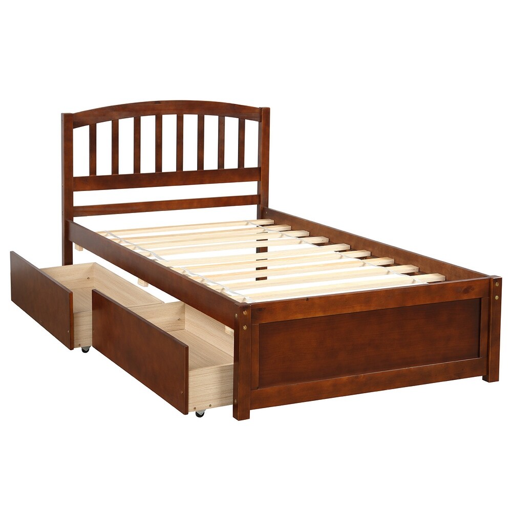 Twin Size Solid Wood Storage Platform Bed with Headboard   2 Drawers