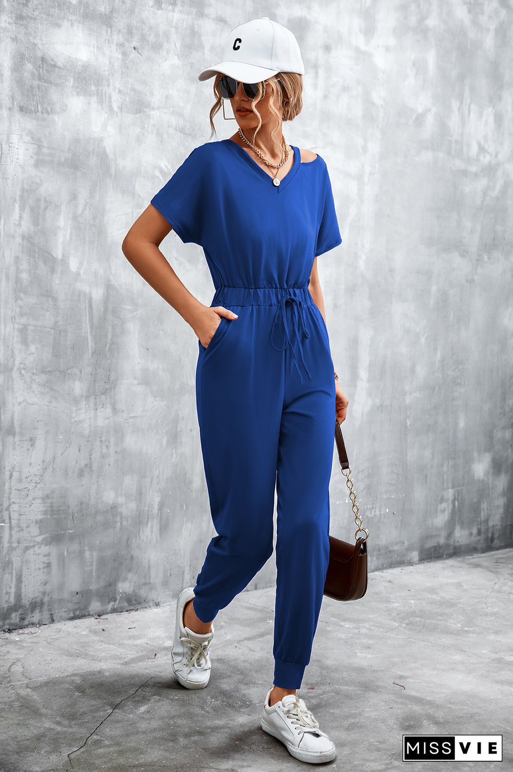 Cut Shoulder Drawstring Waist Sleeveless Jumpsuit