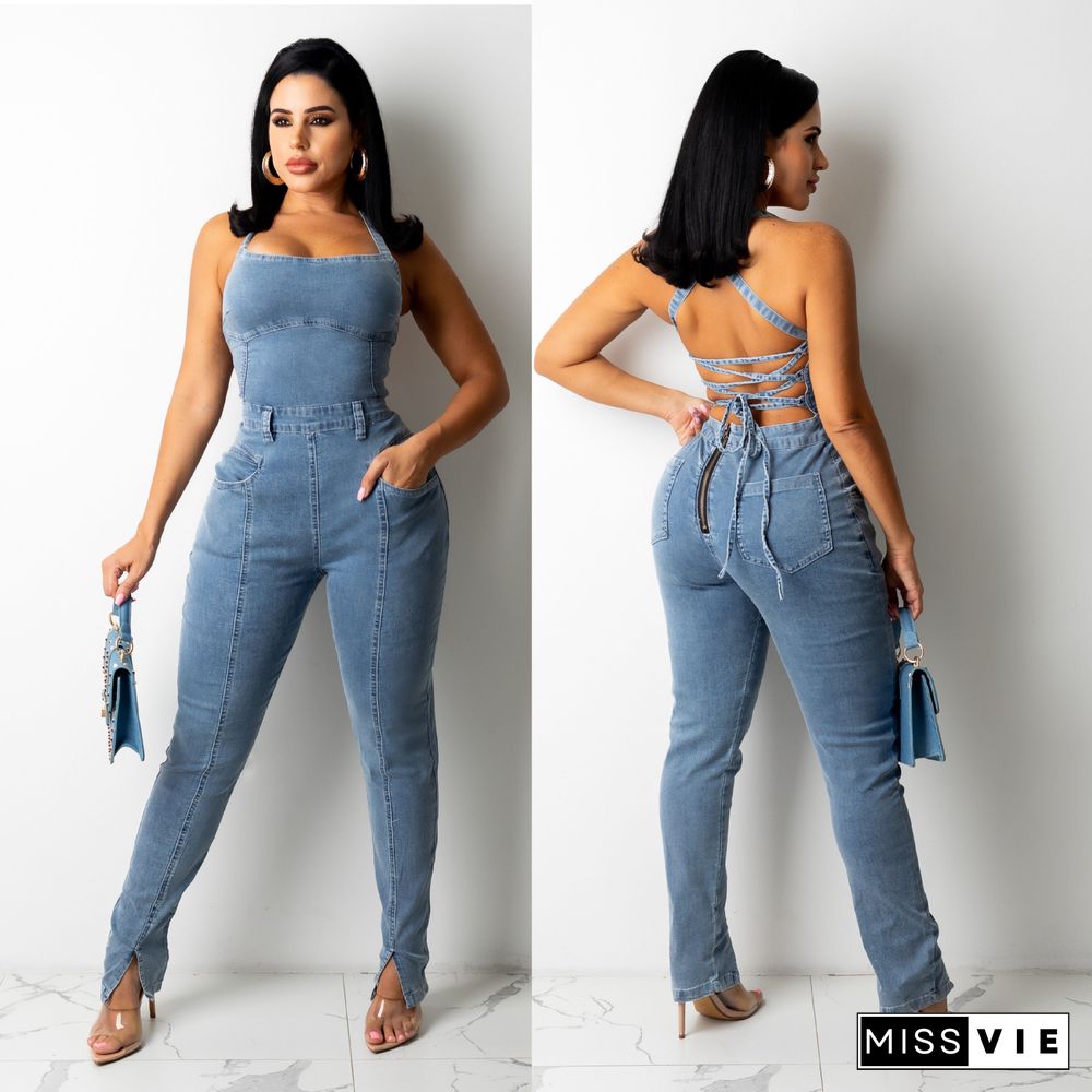 New Casual Fashion Slim Backless Bandage Denim Jumpsuit