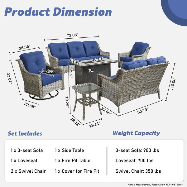 XIZZI Outdoor Rattan Wicker Patio Furniture Conversation Set with Fire Pit Table