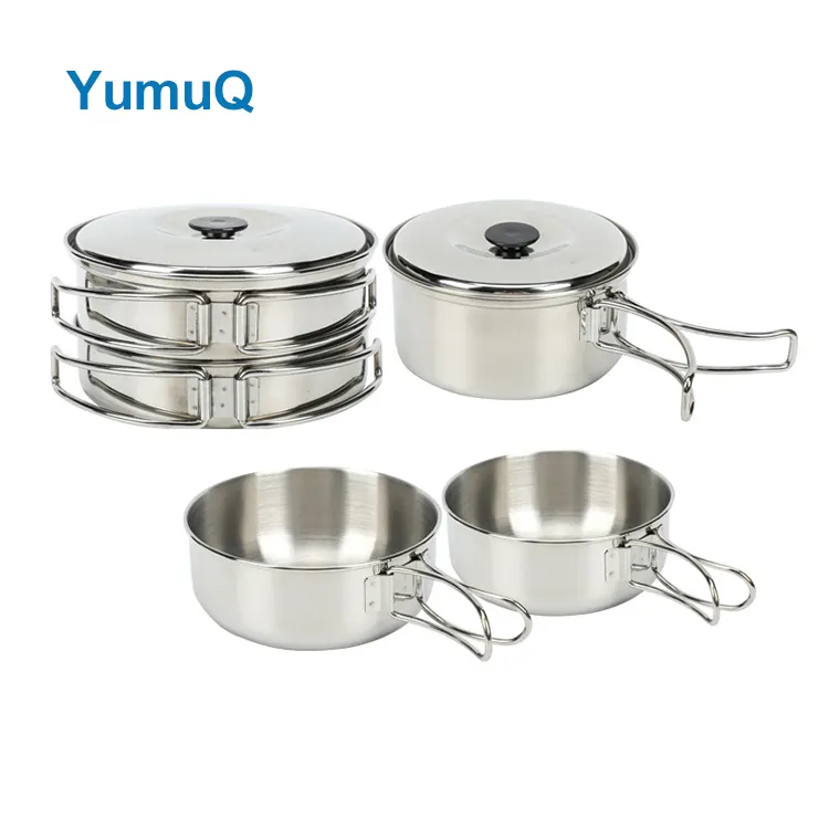 YumuQ 3 Pieces Eco friendly Stainless Steel  Cooking Pot Collapsible Camping Cookware Set For Outdoor Hiking