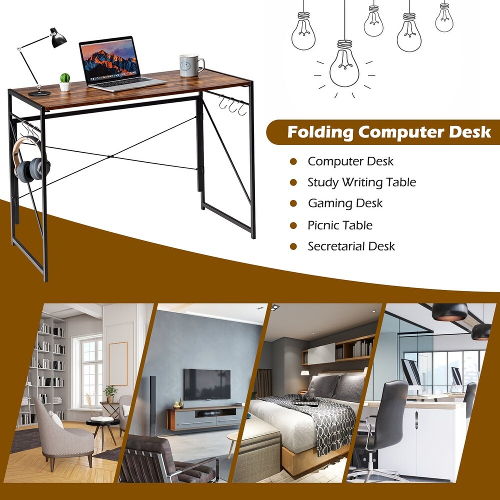 Costway Folding Computer Desk Writing Study Table w/6 Hooks Home