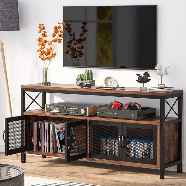 3 Tier Console Sofa Table with Doors， TV Stand for TVs up to 65 Inches