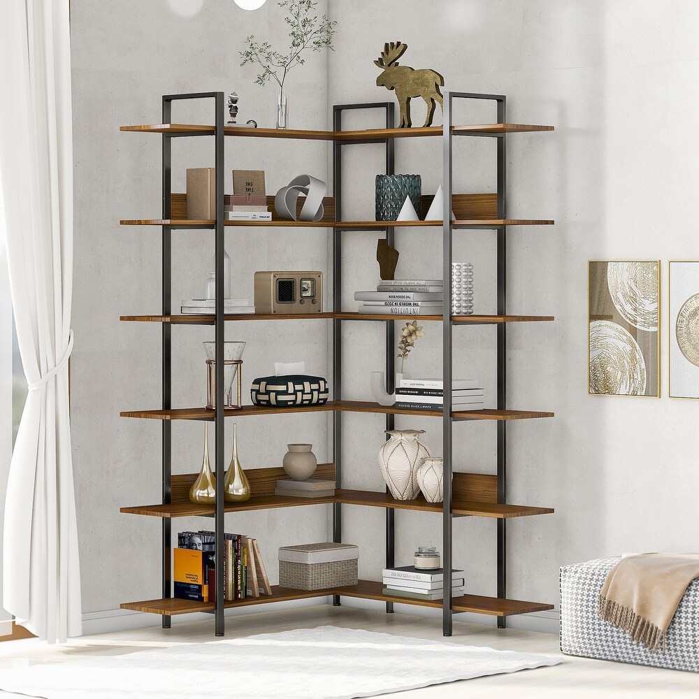 74.8 Inch Bookshelf L shape Stainless Steel Frame Corner 6 tier Shelves Adjustable Foot Pads