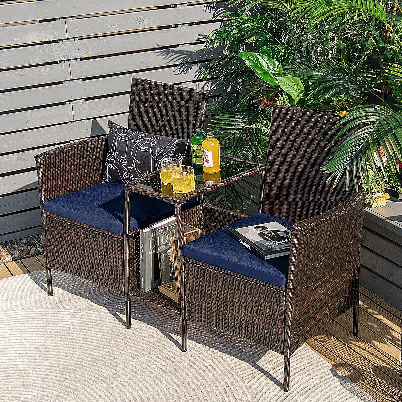 Patio Rattan Wicker Conversation Loveseat with attached coffee table