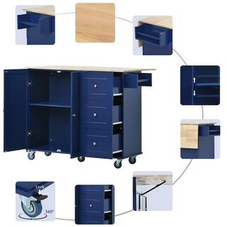 Aoibox Dark Blue Solid Wood Top 52.7 in. W Rolling Mobile Kitchen Island with Drop Leaf Locking Wheels and Storage Cabinet SNSA11IN015