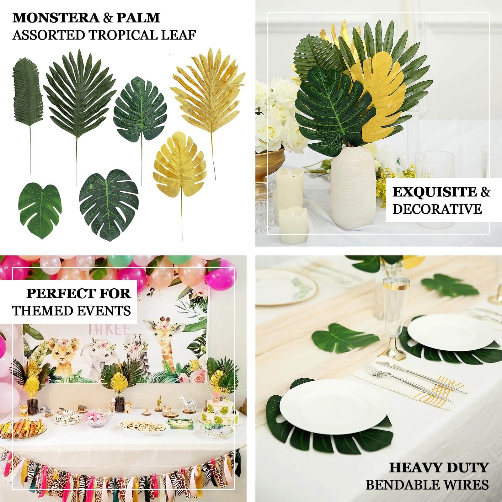 28 Pack Green And Gold Artificial Jungle Theme Palm Leaves, Assorted Silk Tropical Monstera Branches