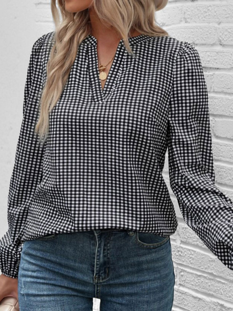 V-neck Casual Loose Check Print Long Sleeve Blouse