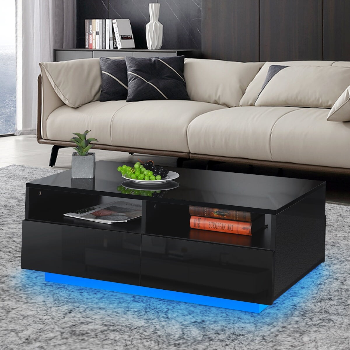 Rectangular High Gloss Coffee Table Modern LED Coffee Table for Living Room， White