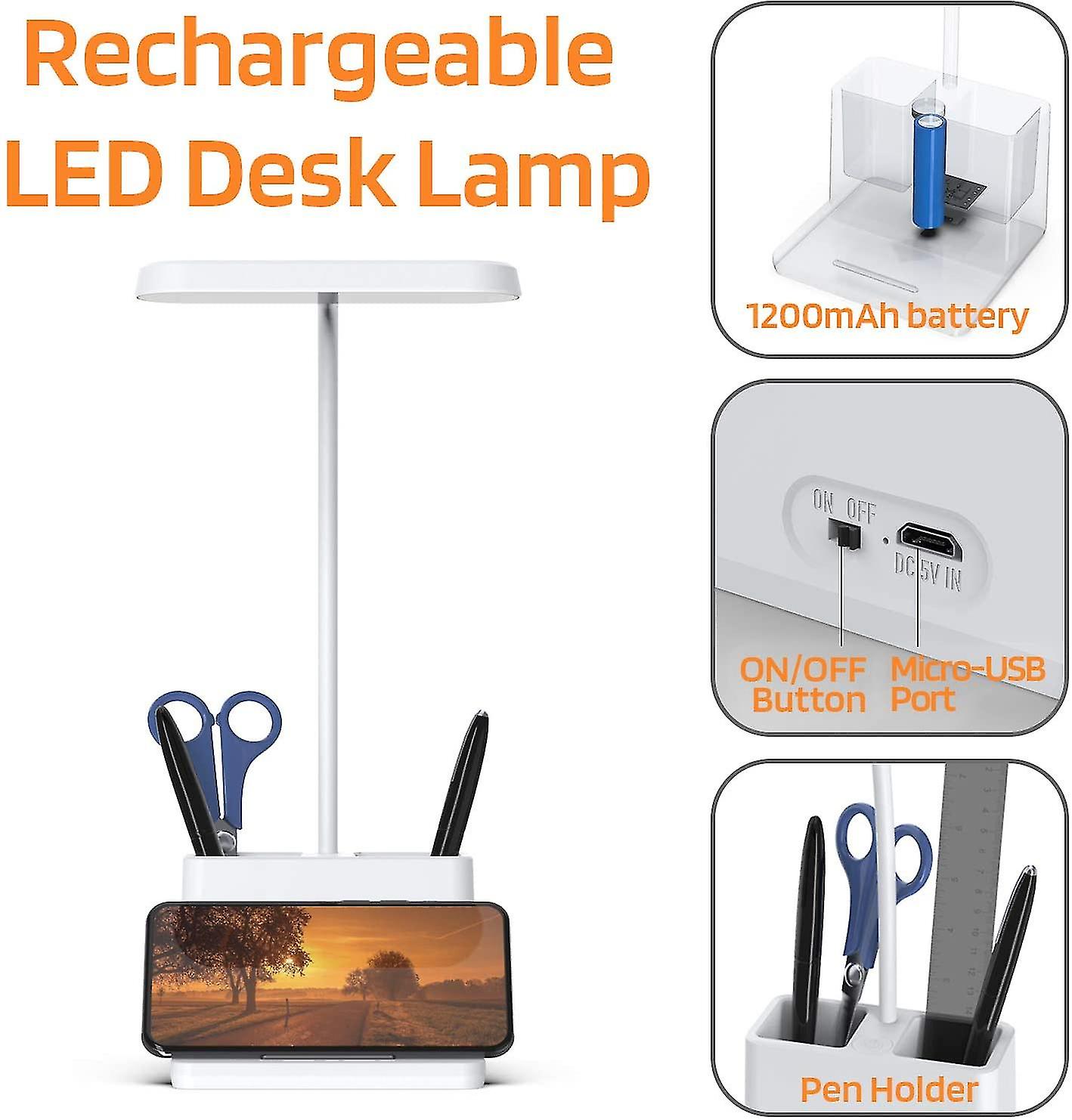 Led Desk Lamp With Pen Holder - Rechargeable White Desk Light For Computer/desktop， Eye-caring， Flexible Gooseneck， Small Study Lamp For Kids， Home， O