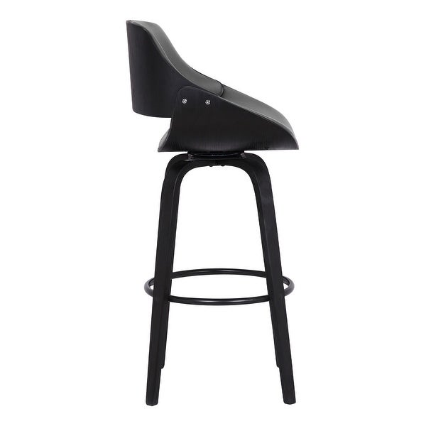 30 Inch Leatherette and Wooden Swivel Barstool， Black and Gray