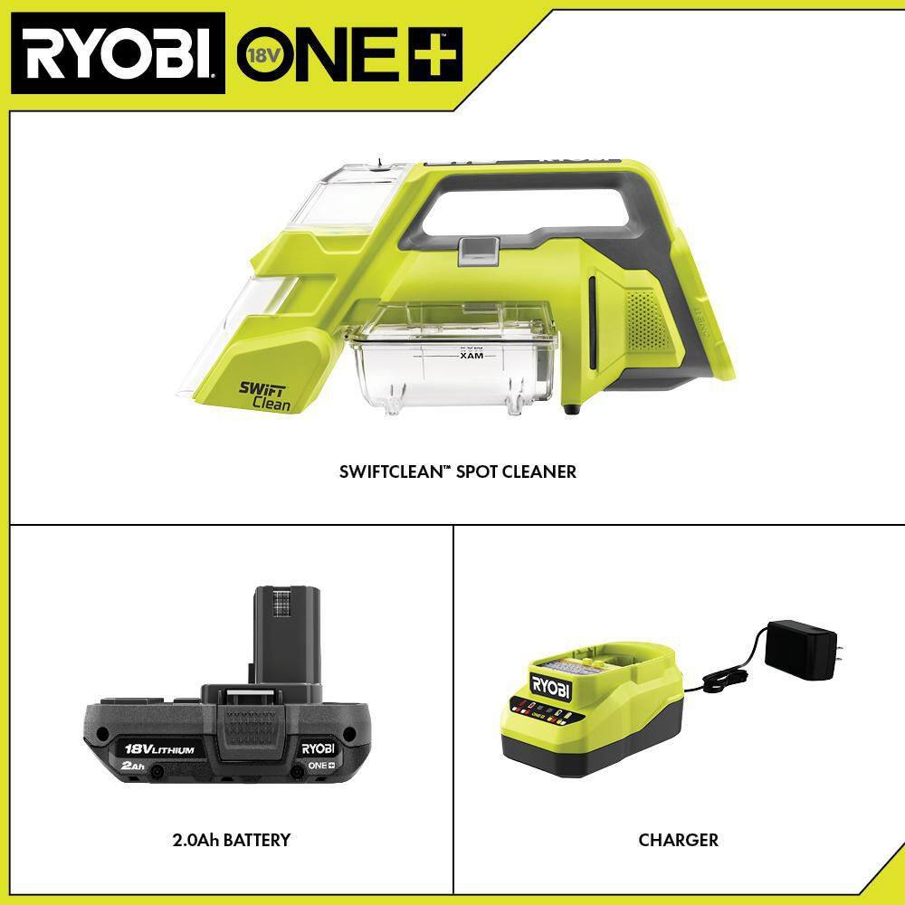 RYOBI ONE+ 18V Cordless SWIFTClean Spot Cleaner Kit with  2.0 Ah Battery Charger 32 oz. OXY Floor Cleaning Solution PCL756K-A32S056