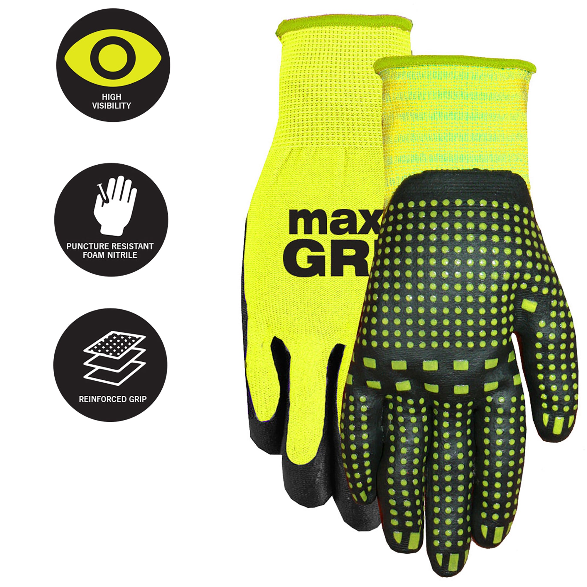 MidWest Gloves & Gear, Unisex, 6 Pack Max Grip™ Hi-Viz Yellow Gripper Glove, Size SM