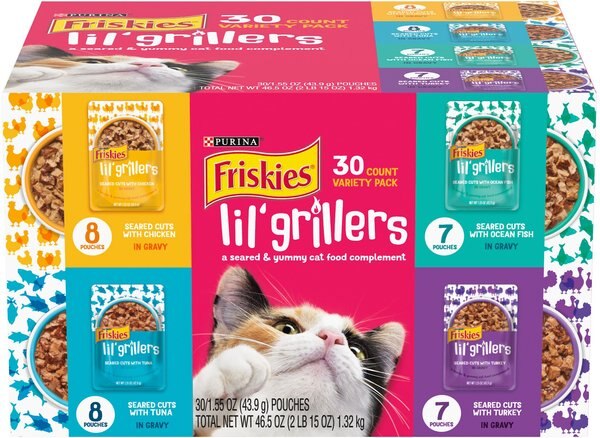 Friskies Lil' Grillers Chicken， Turkey， Ocean Fish and Tuna Variety Pack Gravy Wet Cat Food Complement， 1.55-oz pouch， case of 30