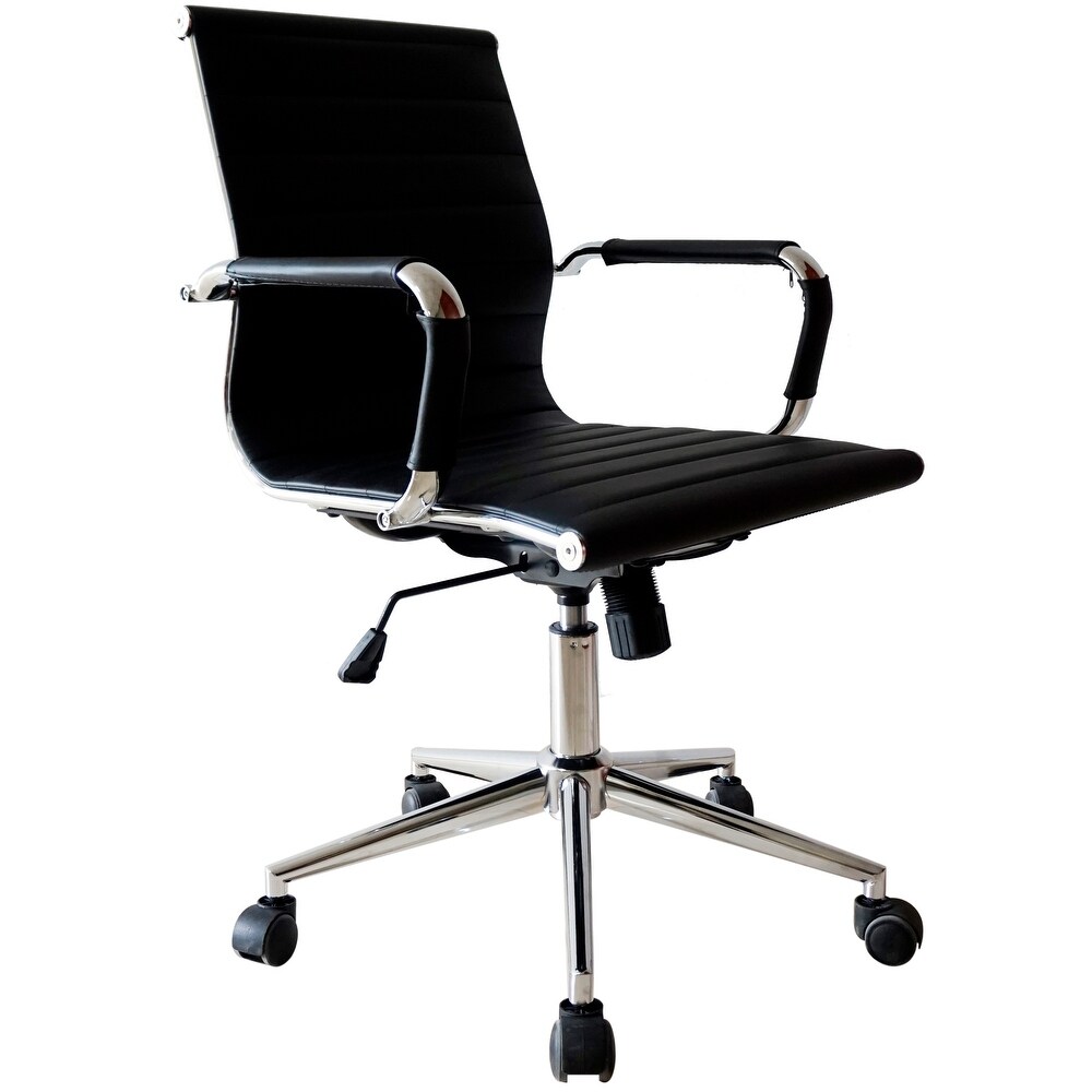 Mid Back PU Leather Executive Office Chair Ribbed Tilt Conference Room Boss Home Work Desk Task Guest With Arms