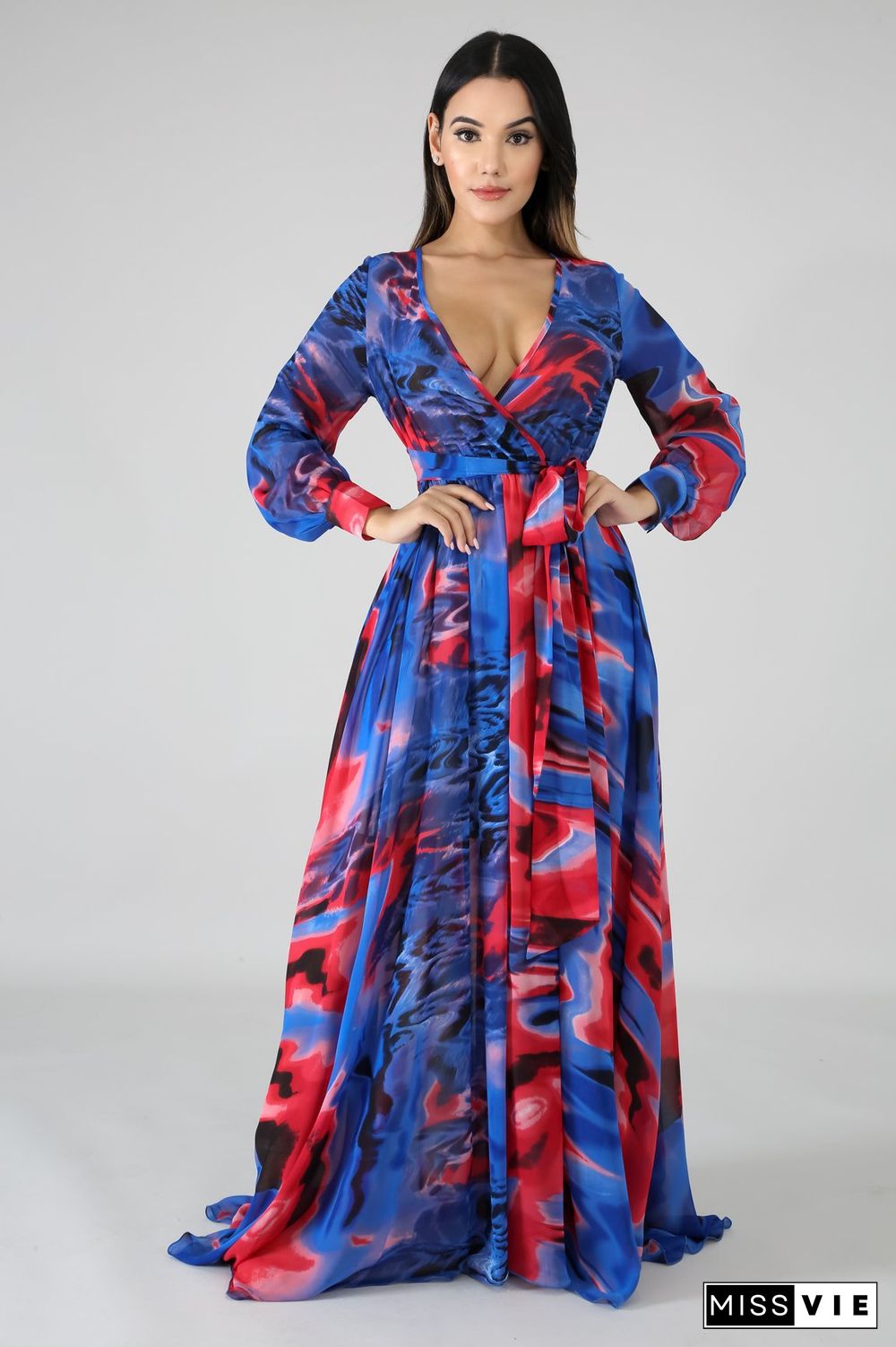 Summer Vacation Printed Long Sleeve Deep V Neck With Waist Belt A Line Women Maxi Dress