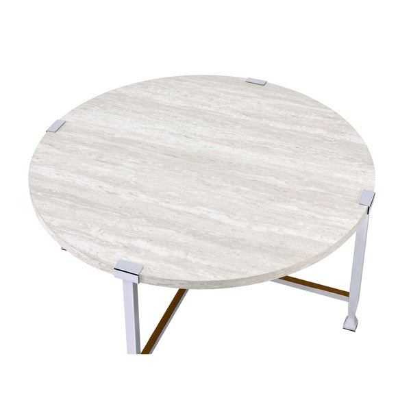 Coffee Table with X Shaped Metal Base and Round Wooden Top，Silver and Beige