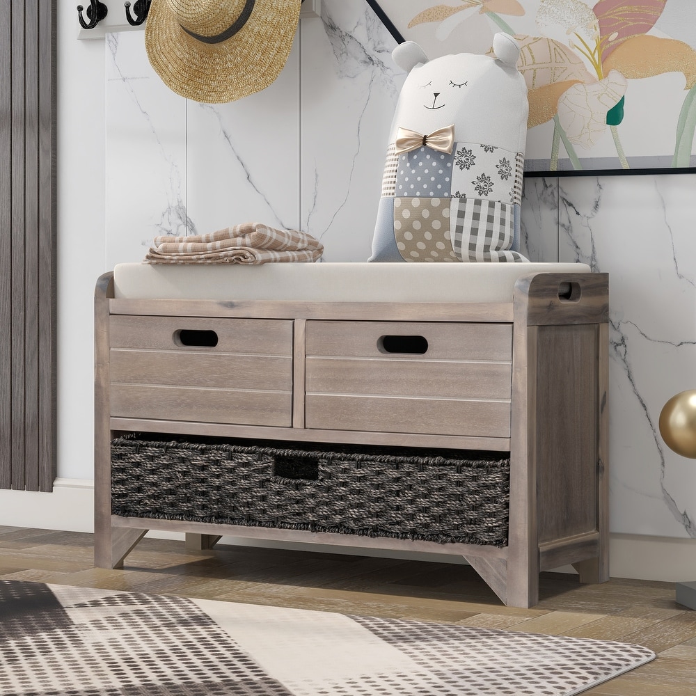 Entryway Storage Shoe Bench with Removable Basket Removable Cushion and 2 Drawers