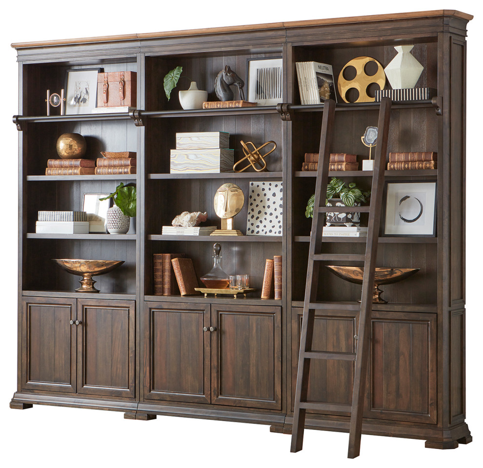 Executive Bookcase Wall With Wood Ladder  Fully Assembled  Brown   Traditional   Bookcases   by Martin Furniture  Houzz