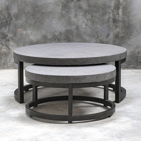 Set of 2 Aiyara Round Gray Nesting Tables with Burlap Wrapped Tops 43