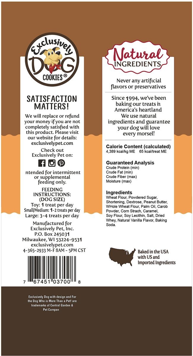 Exclusively Dog Peanut Butter and Carob Flavor Sandwich Cremes Dog Treats， 8-oz bag