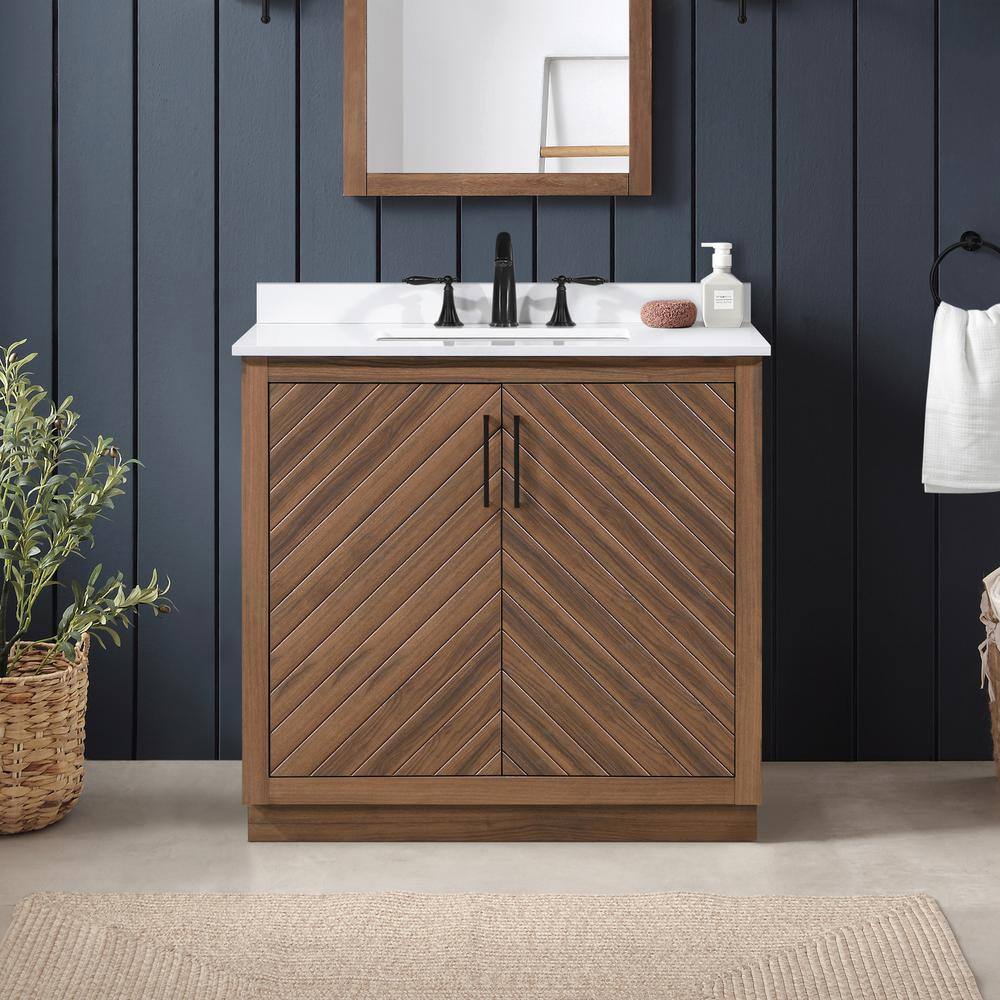 Glacier Bay Huckleberry 36 in. W x 19 in. D x 34.50 in. H Freestanding Vanity in Spiced Walnut with White Engineered Stone Top Huckleberry36SW