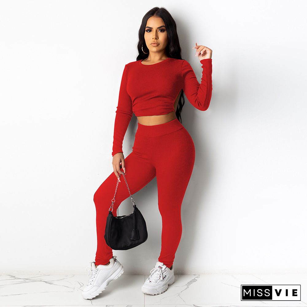 Long Sleeve Backless Bandage Crop Top Pants Set