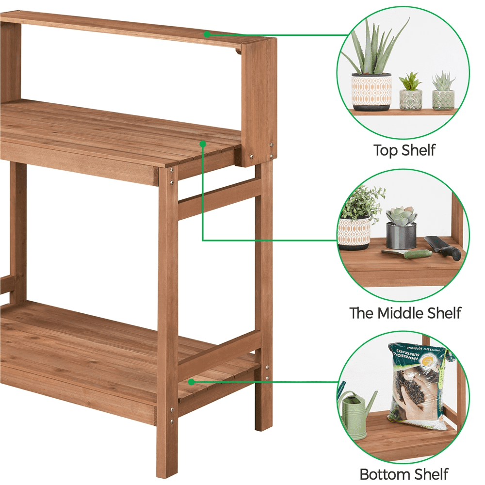 Topeakmart Outdoor Wooden Potting Bench Table Garden Patio Workstation with Storage Shelf, Brown