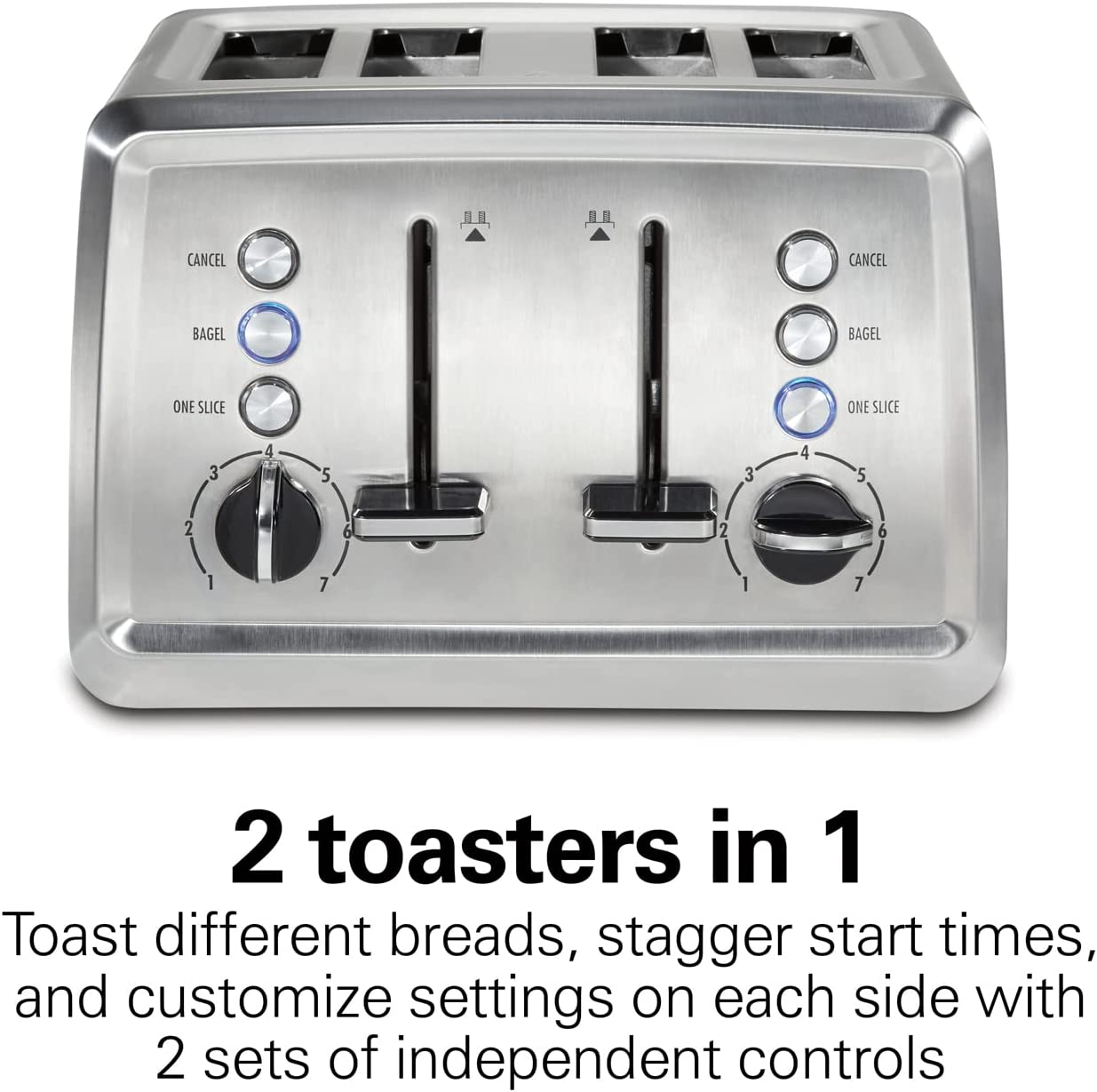 Hamilton Beach Toaster with Extra-Wide Slots， Sure-Crisp Technology， Bagel Setting， Toast Boost， Slide-Out Crumb Tray， Auto-Shutoff and Cancel Button， 4-Slice， Stainless Steel (24798)