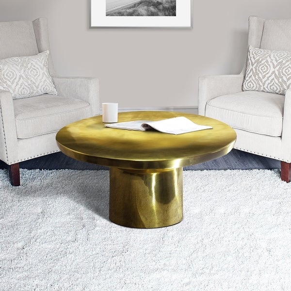 Zoe 30 Inch Modern Classic Round Metal Coffee Table with Pedestal Base， Glossy Gold Brass